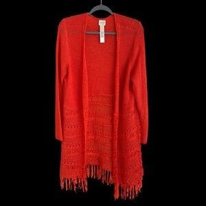Chicos sz 1 Medium Bright Orange Open Front Fringe sweater Cardigan Topper Boho